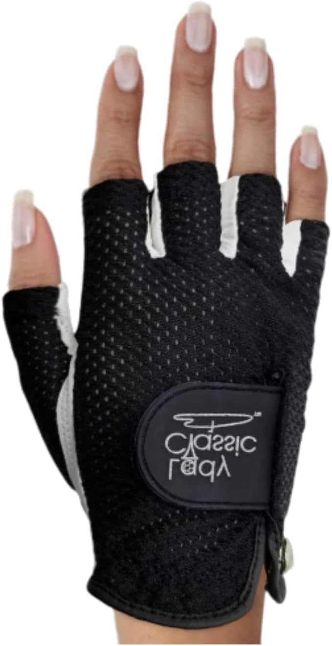 Mesh Half Golf Glove for Women β Premium Cabretta Leather Palm, Breathable Mesh Back, Half-Finger Design Ladies Golf Glove for Enhanced Grip & Comfort