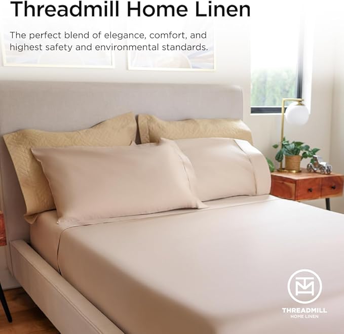 Threadmill Luxury 800 Thread Count 100% Cotton Sheets - Sateen Weave Twin XL Bed-Sheets, Better Than Egyptian Cotton,3 Pc Solid Soft Bedding Set (Light Beige), Fits 15" Deep Pocket