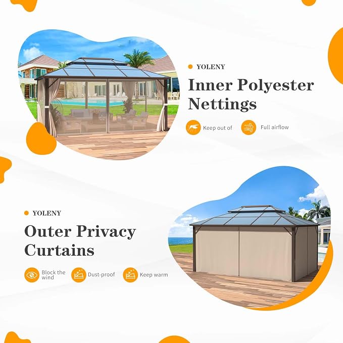 12'x16' Hardtop Gazebo, Outdoor Polycarbonate Double Roof Canopy, Aluminum - Image 9