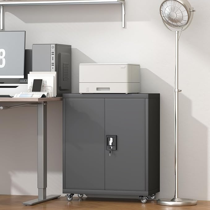 GREATMEET Garage Cabinets with Wheels, Black Garage Storage Cabinets with Doors and Adjustable Shelves,Rolling Lockable Metal Garage Storage Cabinets for Home Office Utility Room
