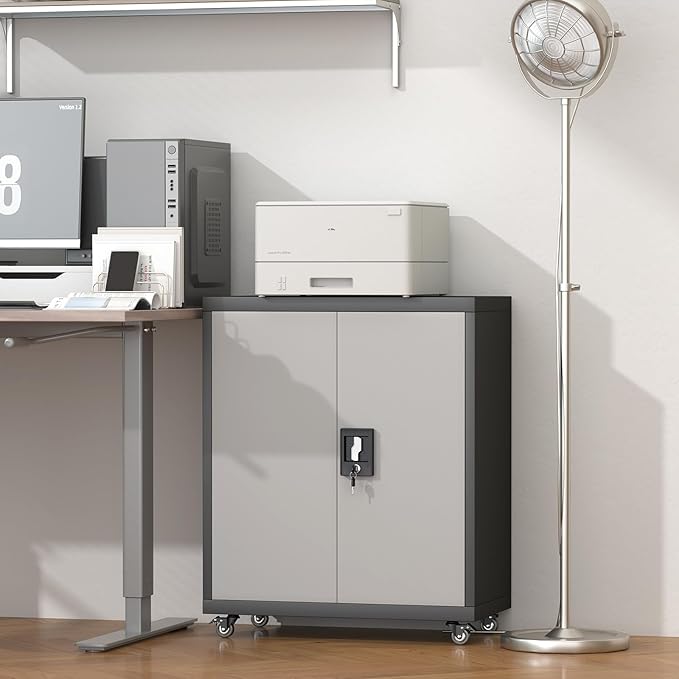 GREATMEET Garage Cabinets with Wheels,Small Storage Cabinet with Doors and Adjustable Shelves,Locking Metal Garage Storage Cabinets for Home Office Utility Room