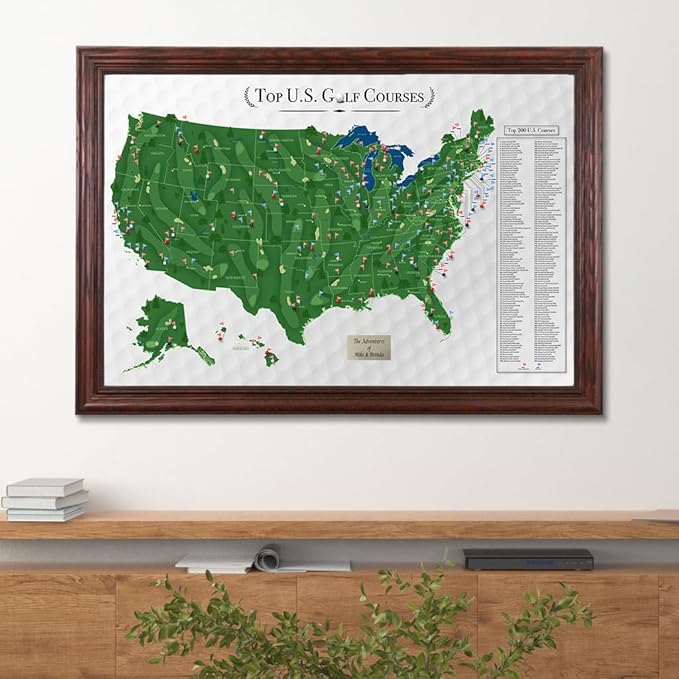 Push Pin Travel Maps Customizable Wall Art - Top Golf Courses USA Map - Solid Wood Cherry - Personalized Framed Pin Map, Includes 150 Pins - Handcrafted in USA - 27.5" x 39.5"