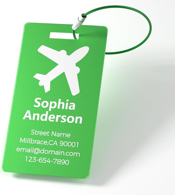 4 Personalized Metal Luggage Tags for Suitcase, Laser Engraved with Text and Logo, Custom Aluminum Name Tags with Stainless Steel Ring, for Travel, Golf Bag, and Baggage (Green)