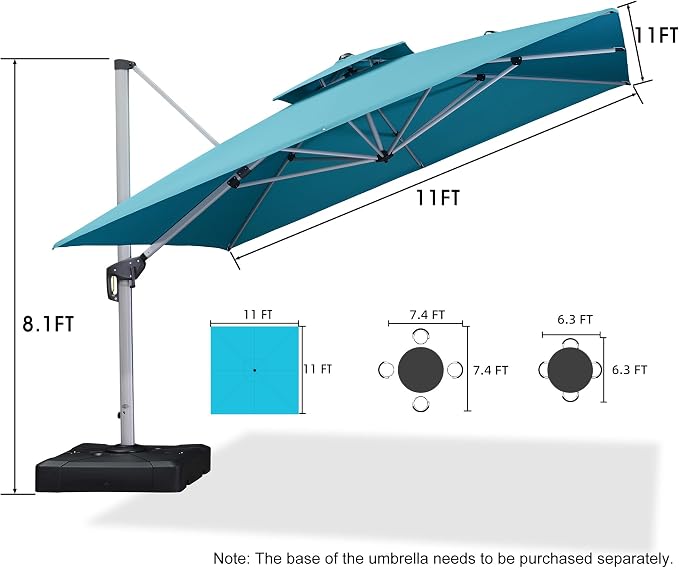 PURPLE LEAF Cantilever Outdoor Umbrella 11' x 11' Large, Turquoise Blue | 35MPH - Image 9