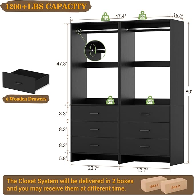 Aheaplus Closet System Closet Organizer, Wood Closet Organizer System, Walk-in Closet or Small Closets Wardrobe, Clothes Rack with Hanging Rods, 4FT Closets, Set of 2, Black