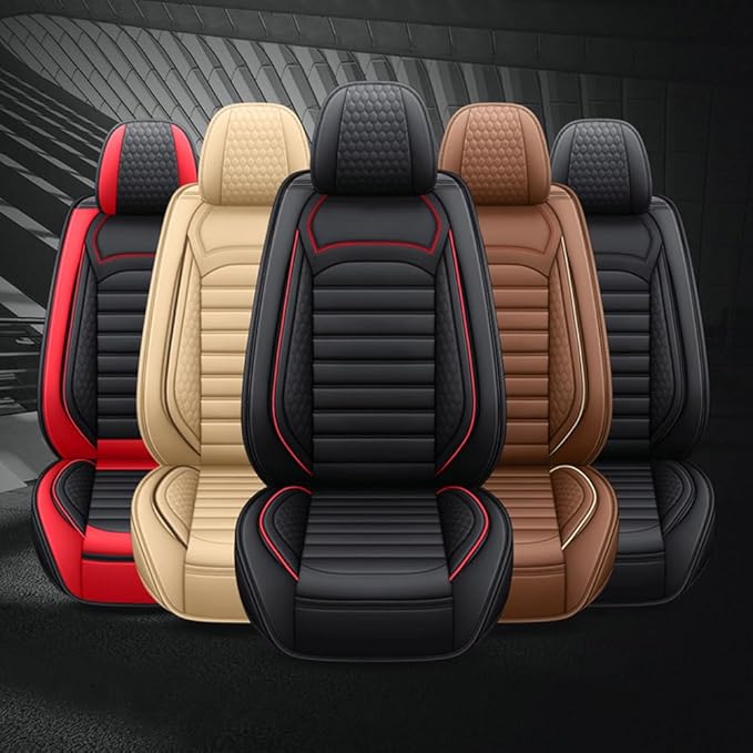 Leather Car Seat Covers for Volkswagen Golf 2001-2021,Car Seat Covers Full Set,Seat Covers with Safety,Waterproof Seat Cover Compatible Airbag(5pcs Black&Red Bars Standard)