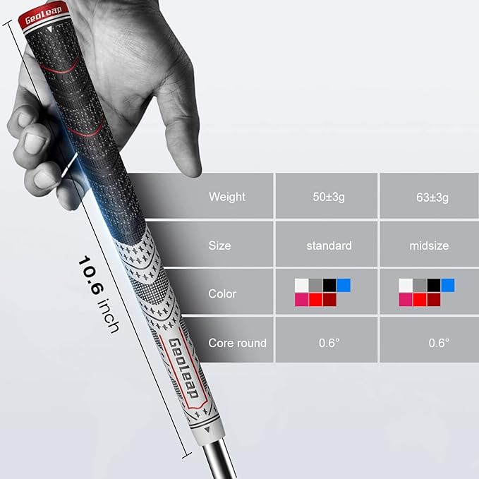 Geoleap Golf Grips Set of 13- Back Rib Improved Control,Multi Compound Rubber And Cord Hybrid Golf Club Grips, Standard/Mdisize, 7 Colors Optional.