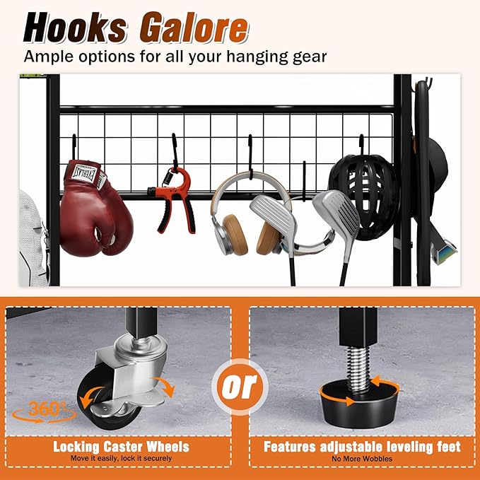 Sports Equipment Organizer Pro, Heavy Duty Golf Bags Stand, Extra Large Ball Storage Rack for Garage, Sports Gear Storage with Pegboard and Hooks, 360° Swivel Wheels