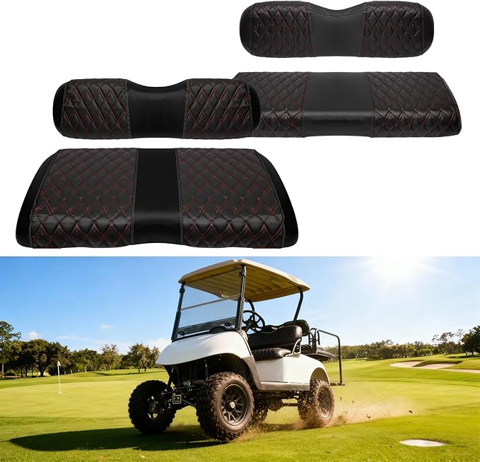 4PCS Golf Cart Diamond Seat Covers Kit, Fits EZGO RXV 2008+ Golf Cart Vinyl Replacement Seat Cover (Black Stitching, No Stapler, Easy to Clean)