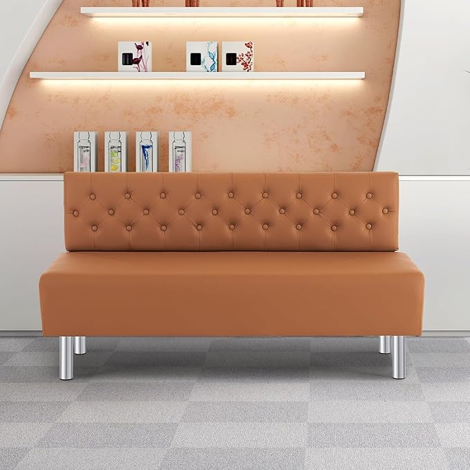 OmySalon Waiting Room Bench with Back, 58.6’’ Office Guest Chair Upholstered Reception Seating, Lobby Furniture for Beauty Salon Barbershop Airport Bank Hall Room Conference, Button Tufted, Brown