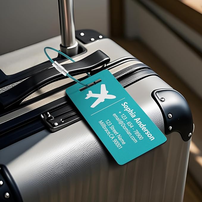 10 Personalized Metal Luggage Tags, Custom Suitcase Aluminum Name Tags with Steel Ring, Laser Engraved Name and Logo, for Travel, Backpack, Baggage, Golf Bag (Lake Blue)