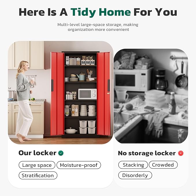 Greenvelly Metal Pantry Cabinet, 63”Tall Kitchen Pantry Storage Cabinets with 2 Lock Doors and 4 Adjustable Shelves for Home Office, Dinning Room,Garage(Black Red)