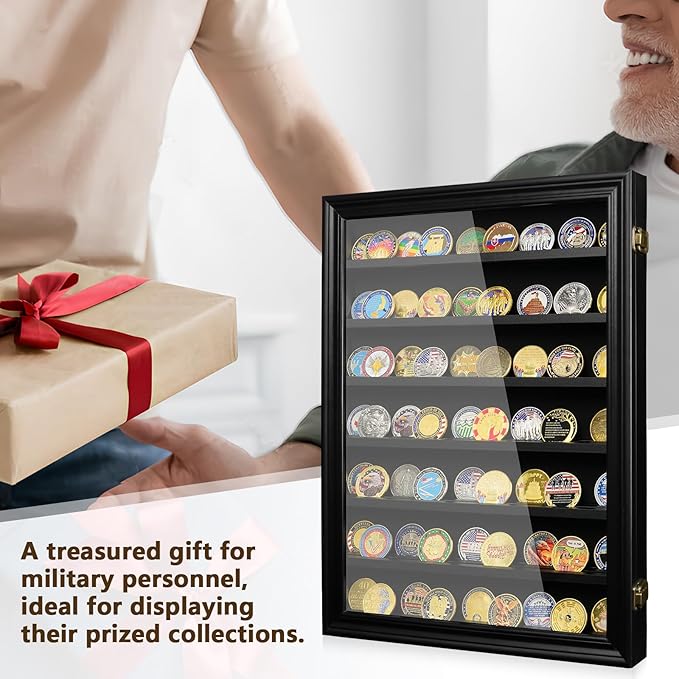 7 Rows Military Challenge Coin Holder Wall Display Case with HD Tempered Glass โ Holds 100 Coins, Medal Display Cabinet Rack Shadow Box with Removable 2-Groove Shelves for Casino Poker Chips, Black