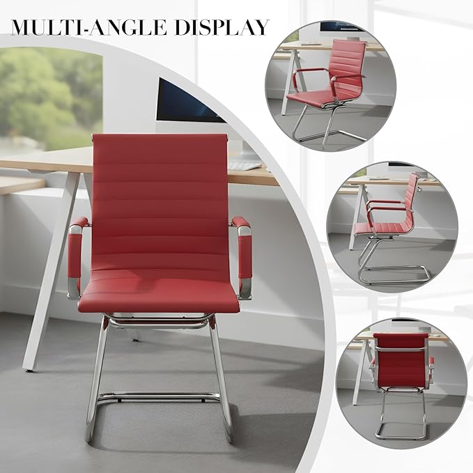 CIMOTA Waiting Room Chairs Leather Office Guest Chair Mid Back Reception Chairs with Sled Base for Meeting/Patient/Conference Room, Red Set of 4