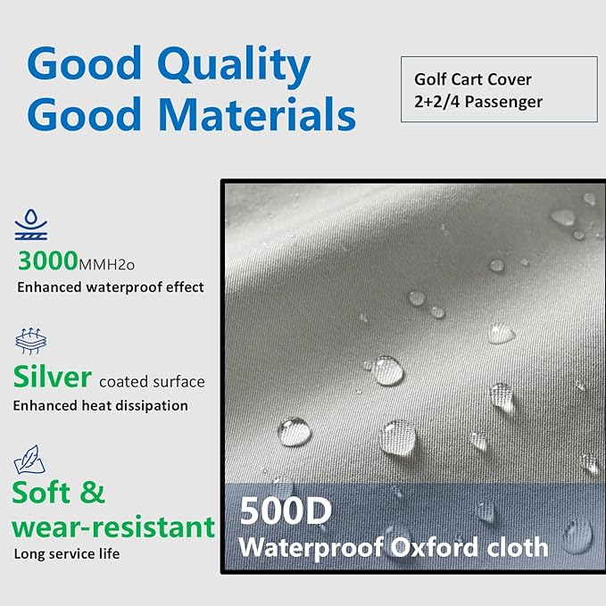 2/4 Passenger Golf Cart Cover for Yamaha EZGO Club Car, 420T Waterproof Polyester with Silver Coating,Waterproof,Dustproof,Windproof,Sunproof,All-Weather Protection (95-48-73-sliver)
