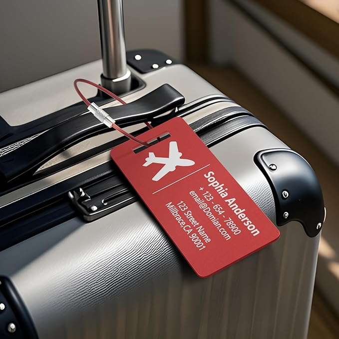 10 Personalized Metal Luggage Tags, Custom Suitcase Aluminum Name Tags with Steel Ring, Laser Engraved Name and Logo, for Travel, Backpack, Baggage, Golf Bag (Red)