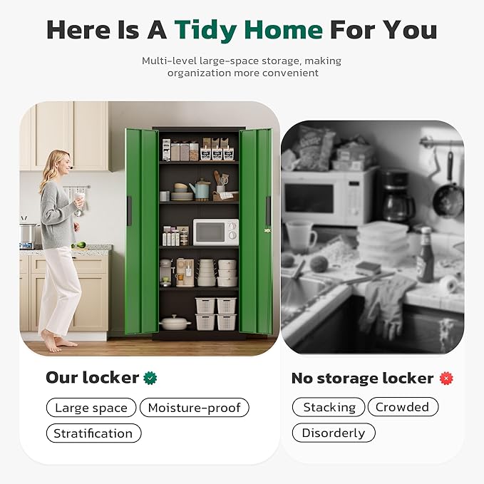Greenvelly Metal Pantry Cabinet, 63”Tall Kitchen Pantry Storage Cabinets with 2 Lock Doors and 4 Adjustable Shelves for Home Office, Dinning Room,Garage(Black Green)