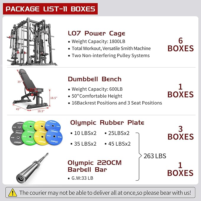 Smith Machine,Multi-Function Squat Rack Power Cage with Cable Crossover System,with Optional Weight Bench, Olympic Barbell Weight Set, for Home Gym