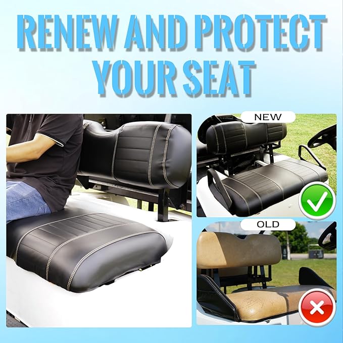 Golf Cart Seat Covers fits Club Car Precedent/DS/EZGO RXV/TXT/Yamaha Front Rear Seat Cushion,Black Leather Custom Stripe Soft Comfortable/Anti-Scratch/Easy to Clean