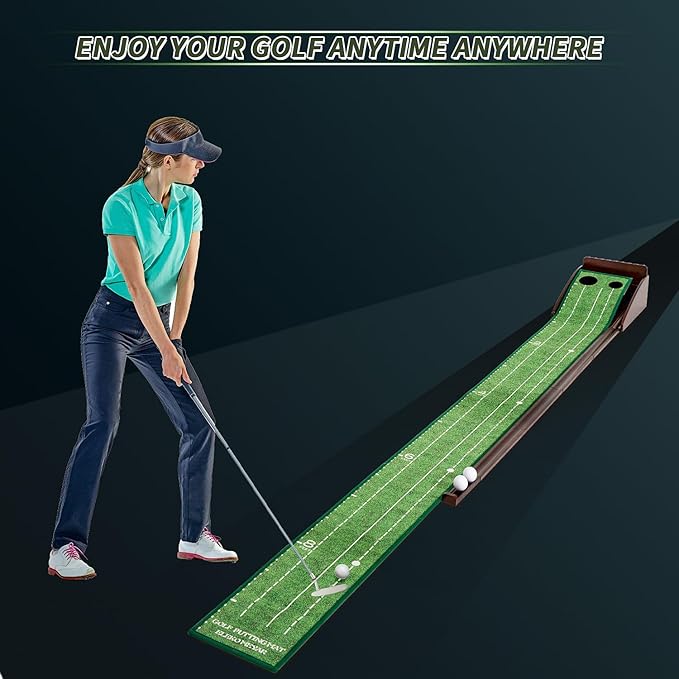 Putting Green Portable Indoor Putting mat,Includes Putting Practice Ball, Wrinkle-Free Mat, and Solid Wood Construction,Office, Living Room, Golf Gift