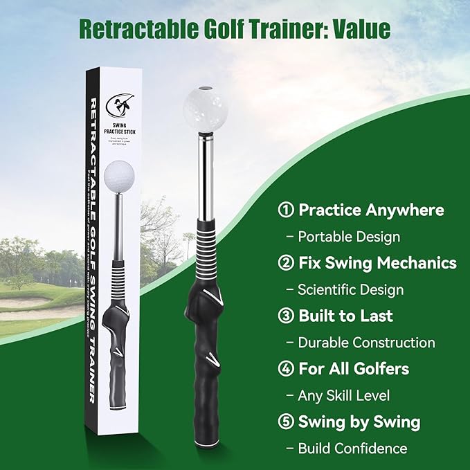 Retractable Golf Swing Trainer - Golf Swing Training Aid with Arm Band,Golf Grip Trainer & Practice Gifts & Swing Tempo Click Stick Right-Handed Training Aid for All Golfers,Indoor & Outdoor Use