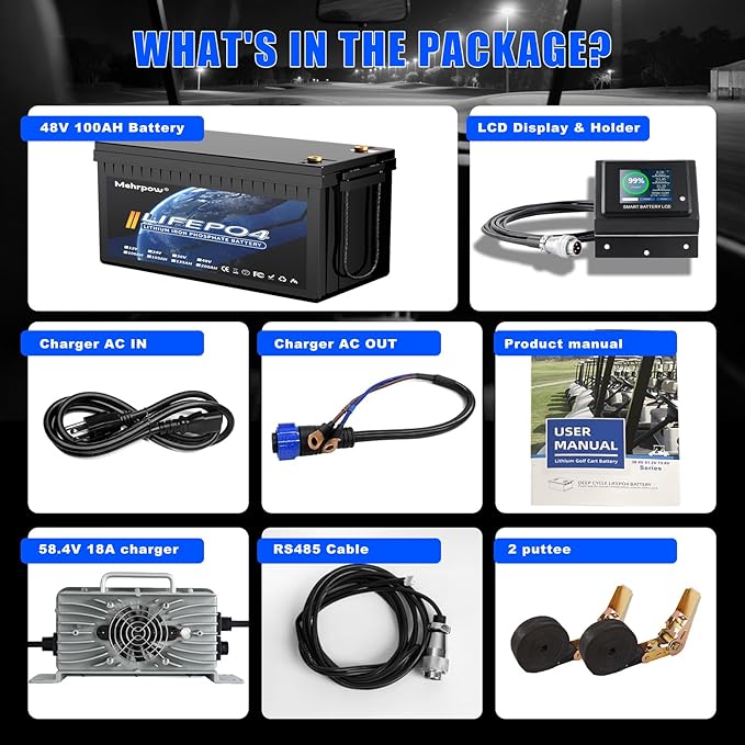 48V 100Ah Lithium Golf Cart Battery, Lifepo4 Battery with 58.4V 18A Charger and LCD Touch Monitor, Built-in Smart 200A BMS, Peak Current 1000A,Perfect for Golf Carts (48V100Ah with Charger)