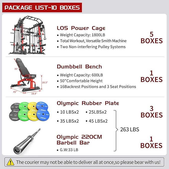 Smith Machine,Multi-Function Squat Rack Power Cage with Cable Crossover System,with Optional Weight Bench, Olympic Barbell Weight Set, for Home Gym