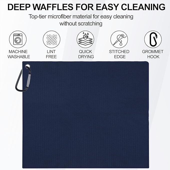 3 Pack 16" X 16" Waffle-Pattern Golf Towels with Carabiner Clip, Super Absorbent Microfiber, Navy Blue, Dark Grey, Light Grey
