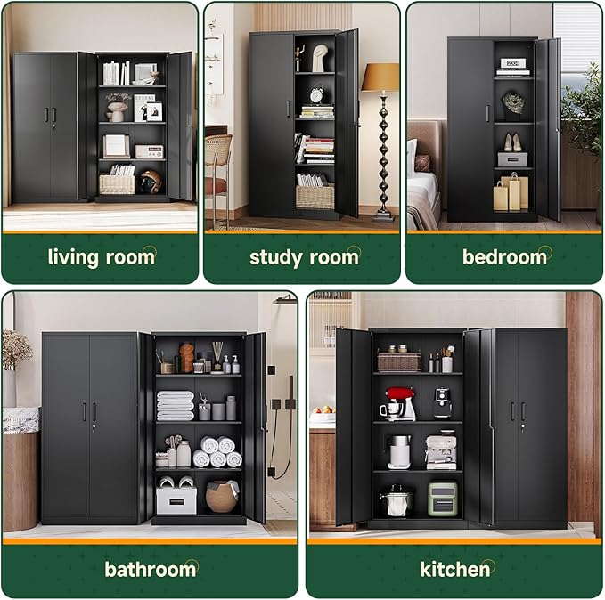 Letaya Metal Black Storage Cabinet with Adjustable Shelves and Lock Door-Metal Pantry Cabinets for Home,Office,Warehouse,Utility Room