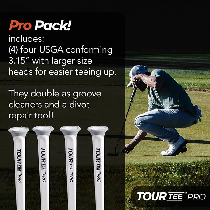 CMCDESIGN Tour Tee Pro Pack - Frictionless Golf Tees for More Distance & Consistent Yards - Reusable, Made with Recycled Plastic & Virtually Unbreakable - Four 3.15β Golf Tees with Standard Cup