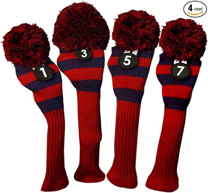 Majek Golf Club 1 3 5 7 Red and Blue Limited Edition Driver and Fairway Wood Head Covers Fits 460cc Drivers Tour Knit Retro Vintage Pom Classic Long Neck Metal Longneck Woods Headcovers