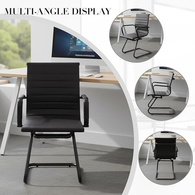 CIMOTA Waiting Room Chairs Leather Office Guest Chair Mid Back Reception Chairs with Sled Base for Meeting/Patient/Conference Room, Retro Black Set of 2