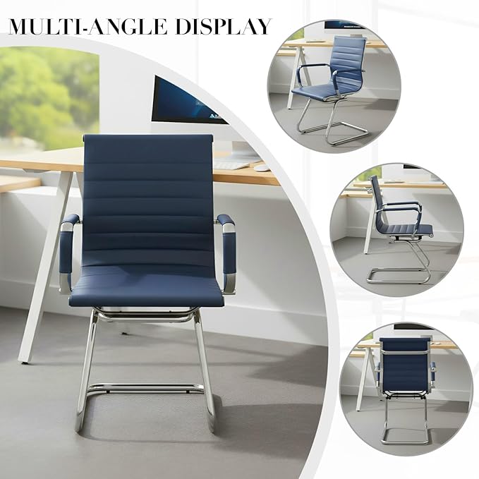 CIMOTA Waiting Room Chairs Leather Office Guest Chair Mid Back Reception Chairs with Sled Base for Meeting/Patient/Conference Room, Navy Set of 4