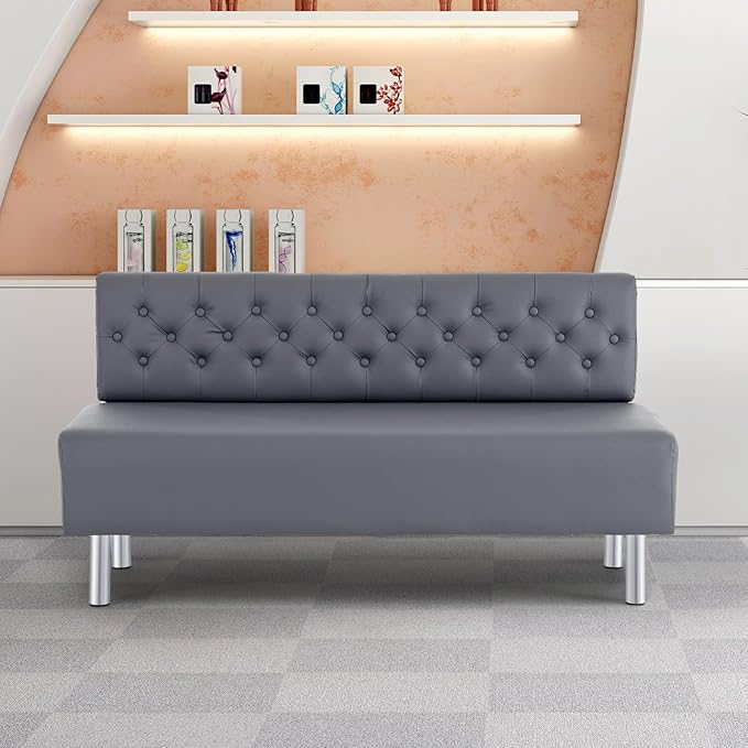 OmySalon Waiting Room Bench with Back, 58.6’’ Office Guest Chair Upholstered Reception Seating, Lobby Furniture for Beauty Salon Barbershop Airport Bank Hall Room Conference, Button Tufted, Gray