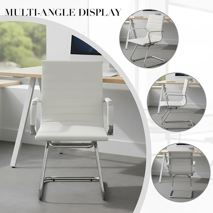 CIMOTA Waiting Room Chairs Leather Office Guest Chair Mid Back Reception Chairs with Sled Base for Meeting/Patient/Conference Room, White Set of 6