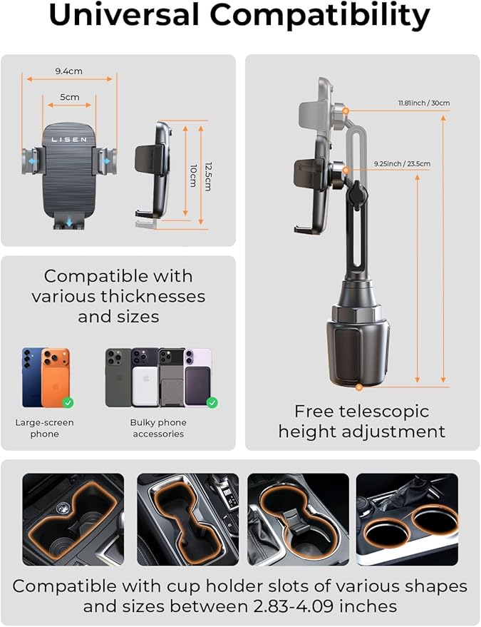 LISEN Upgraded Version Cup Holder Phone Holder 360° Adjustable Long Neck Car Phone Mount Golf Cart Phone Holder, Truck Jeep Accessories for iPhone 17 Air Pro Samsung Google and All 4-7'' Phone,Black