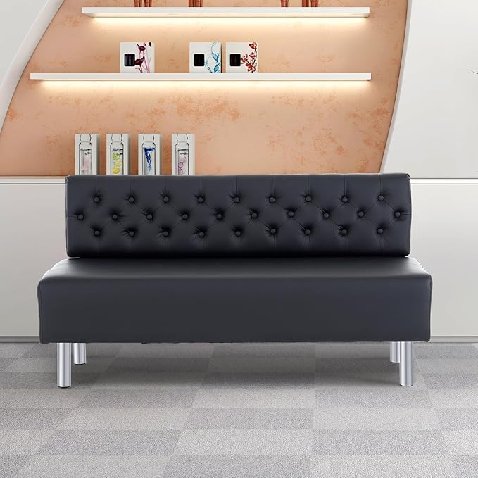 OmySalon Waiting Room Bench with Back, 58.6’’ Office Guest Chair Upholstered Reception Seating, Lobby Furniture for Beauty Salon Barbershop Airport Bank Hall Room Conference, Button Tufted, Black