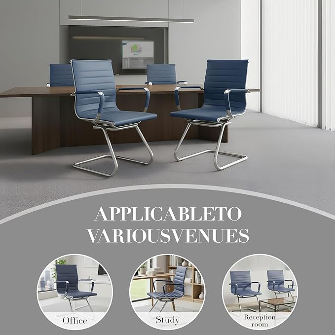 CIMOTA Waiting Room Chairs Leather Office Guest Chair Mid Back Reception Chairs with Sled Base for Meeting/Patient/Conference Room, Navy Set of 6