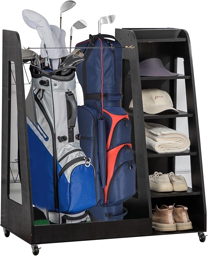 CHARMMA Golf Bag Organizer for Garage, Premium Wooden Golf Clubs Storage Rack Fit 2 Golf Bags, Golf Trunk Organizer for Car Garage Club Shed Basement,35.50x18.00x40.00in