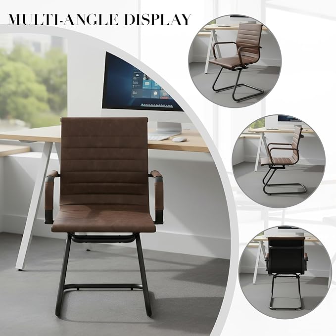 CIMOTA Waiting Room Chairs Set of 4 Leather Office Guest Chair Mid Back Reception Chairs with Sled Base for Meeting/Patient/Conference Room, Retro Brown, 4PCS
