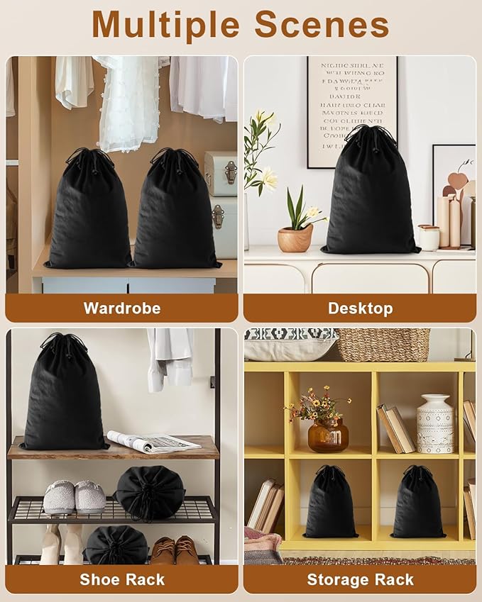 FantasyLife Shoe Bags for Travel, Washable Dust Bags for Storage & Packing, Flannel Shoe Pouch with Drawstring Closure for Purses, Handbags, Shoes & Toys (4, Black Beauty)