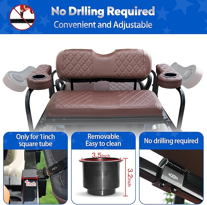 NOKINS Golf Cart Seat Covers for Club Car DS 2000.5-Up, Vinyl Front&Rear Seat Cover with Flip-Up Armrests kit, with Cup Holder, for 1" Square Tube (Brown&Brown 8438)