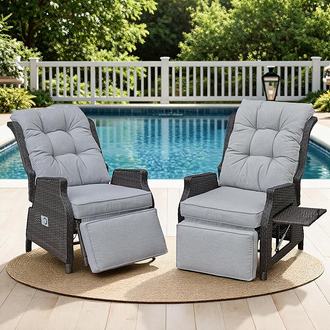 Outdoor Recliner with Adjustable Back and Footrest, Light Grey | Wicker - Image 8