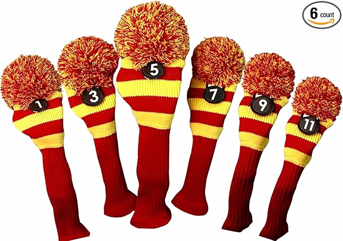 Majek Golf Club 1 3 5 7 9 11 Yellow and Red Limited Edition Driver and Fairway Wood Head Covers Fits 460cc Drivers Tour Knit Retro Vintage Pom Classic Long Neck Metal Longneck Woods Headcovers