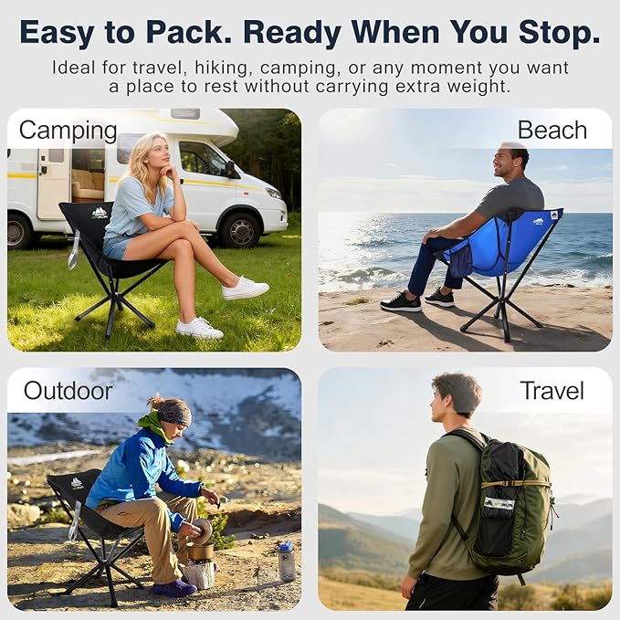 Lightweight Folding Camping Chair — 3.3 lb Compact Portable Design, One-Piece No Assembly Structure, Aluminum Frame, Easy Carry Chair for Travel, Hiking, Camping & Beach