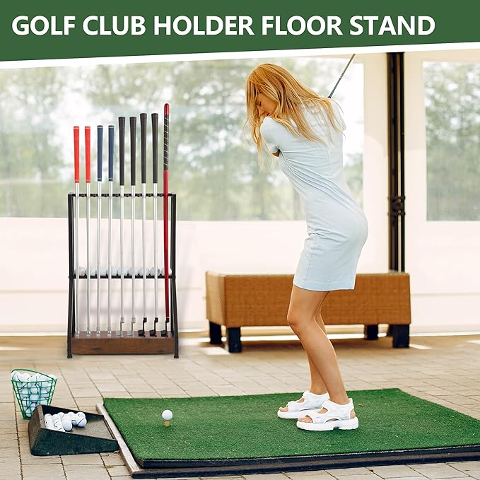 Golf Putter Stand for 9 Clubs & 9 Balls, Solid Wood & Iron Golf Club Rack, Golf Club Organizer Floor Stand, Golf Club Holder | Rustic Modern Design for Home, Office, Golf Course Accessories