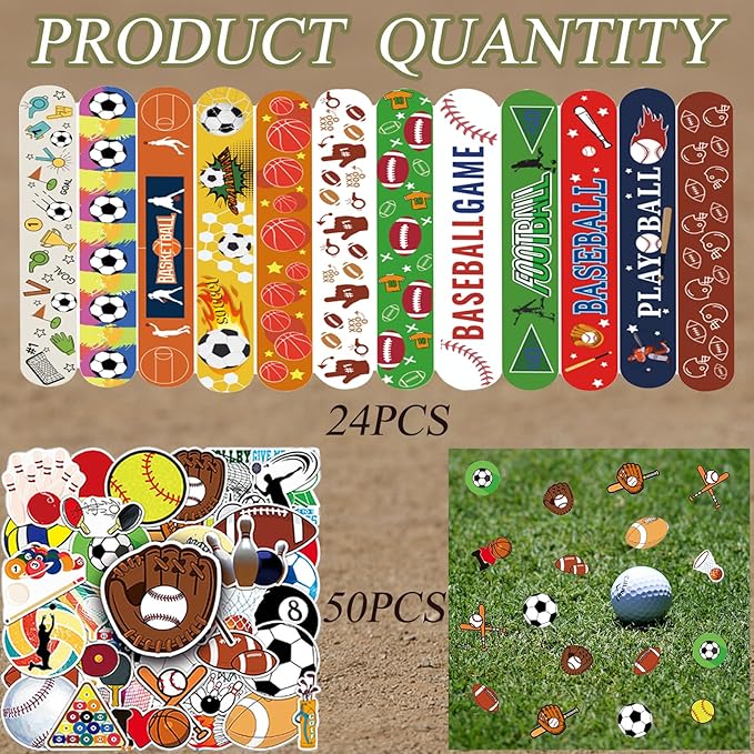 74Pcs Sports Theme Party Favors 24 Pcs Ball Theme Slap Bracelets 50 Pcs Sport Theme Stickers ,Sports Party Team Gift Fillers School Classroom games Rewards Supplies