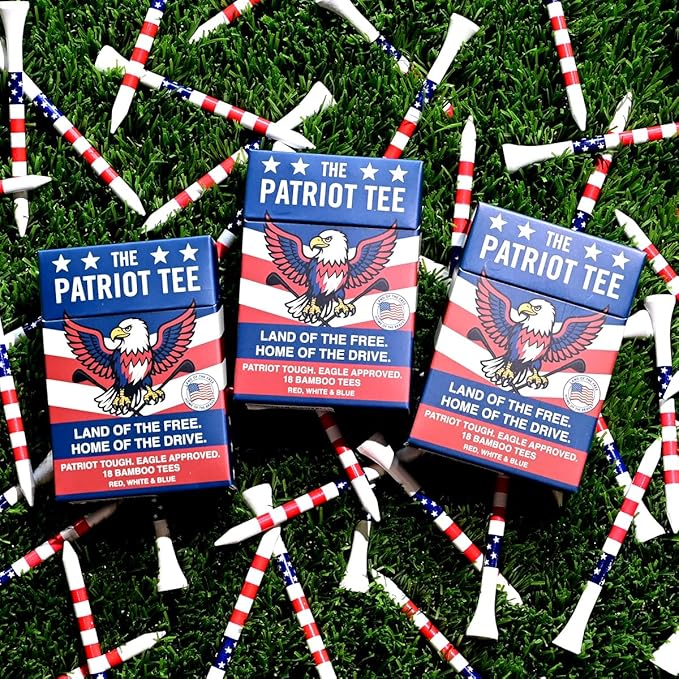 TeeTime. Patriot Golf Tees 18 Premium Bamboo Golf Tees (83mm) β Red, White & Blue American Flag Themed β Durable, Eco-Friendly Novelty Golf Tees β USA Eagle Packaging