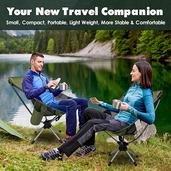 Camping Chairs, 360° Degree Swivel Folding Chairs,Portabl Outdoor Chairs for Travel Hiking Fishing lawns Picnic Hunting,Support 305 LBS,Lghtweight,Green
