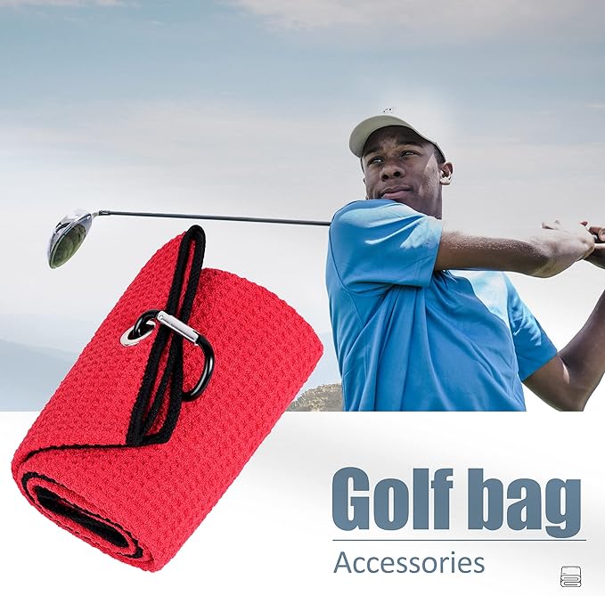Mile High Life Tri-fold Golf Towel | 16" X 24" | Premium Microfiber Fabric | Waffle Pattern | with Heavy Duty Carabiner Clip | for Men and Women (2 Pack Red)